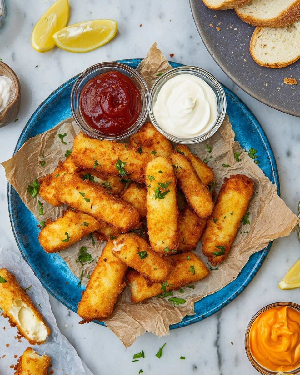 A blue plate with crumpled brown paper on top holds many golden brown fried cheese sticks with a crispy texture, scattered lightly with chopped green herbs. Around the cheese sticks, there are three small clear bowls each with a different sauce: one white creamy sauce, one red sweet sauce, and one white sauce with a swirl of orange chili sauce. On the light blue surface nearby, small lemon wedges are placed. In the top right corner, part of a gray plate with slices of white bread is visible, all set on a white marbled surface. photo taken with an iphone --ar 4:5 --v 7
