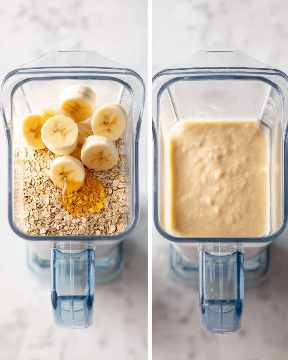 The image shows two clear blender containers side by side, both placed on a white marbled surface. The left blender has three layers visible: the bottom layer is light brown oats, on top are thick slices of banana in a light yellow tone, and beside them is a small amount of golden liquid, likely honey or syrup. The right blender shows the same container filled with a smooth, creamy, light beige mixture, indicating the ingredients have been blended. The blender's clear blades are visible beneath the mixture, and the texture looks thick and even. Photo taken with an iphone --ar 4:5 --v 7