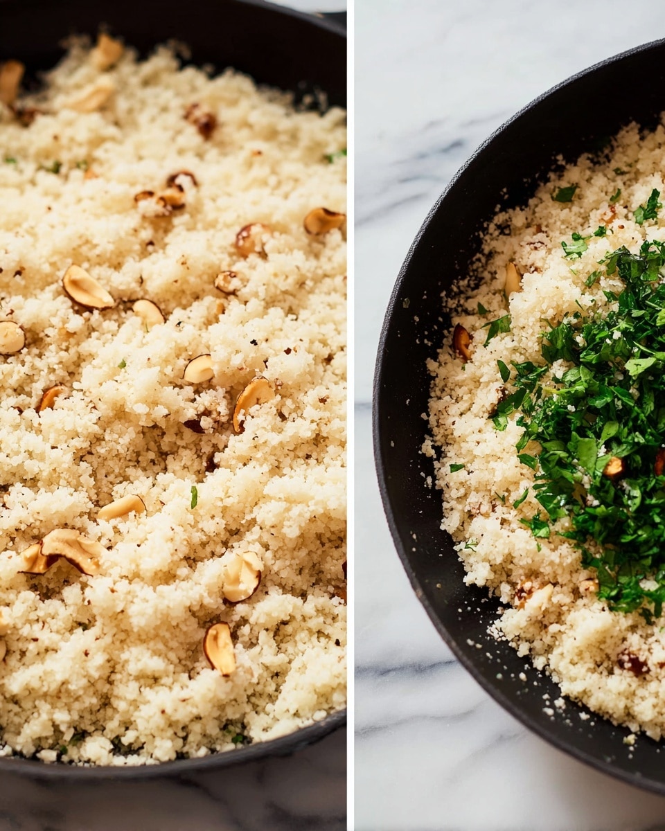 The image shows a close-up of two views of a dish made with small, crumbly, light beige grains in a black skillet placed on a white marbled surface. The first view focuses tightly on the grain texture, which looks soft and fluffy with small brown specks throughout. The second view shows the same grain layer at the bottom of the skillet with two more layers on top: thinly sliced light brown nuts and a bunch of bright green chopped fresh herbs. The black skillet contrasts with the white marbled surface underneath, adding visual clarity to the colors and textures of the dish photo taken with an iphone --ar 4:5 --v 7