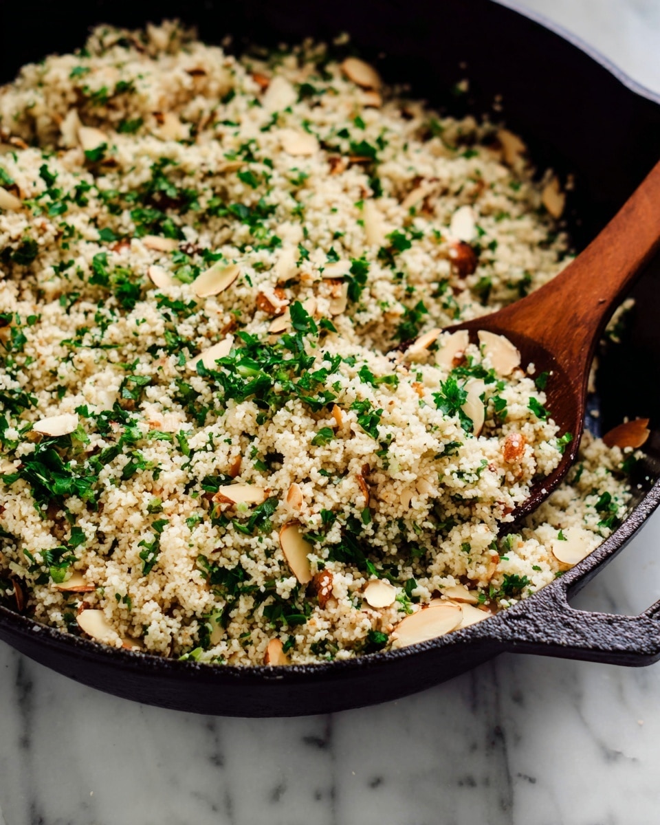 A close-up of a black cast iron pan filled with a single layer of light, fluffy couscous mixed with bright green chopped herbs and light brown toasted almond slices scattered evenly throughout. A wooden spoon rests on the right side of the pan, partially scooping some couscous. The background surface is a white marbled texture, visible around the edges of the pan. Photo taken with an iphone --ar 4:5 --v 7