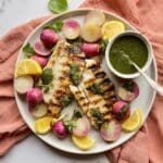 Grilled Barramundi with Radish Top Pesto and Charred Radishes Recipe