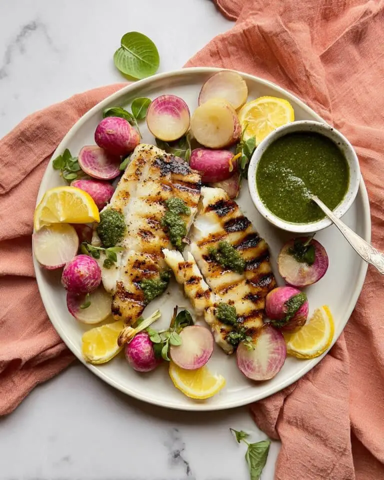 Grilled Barramundi with Radish Top Pesto and Charred Radishes Recipe