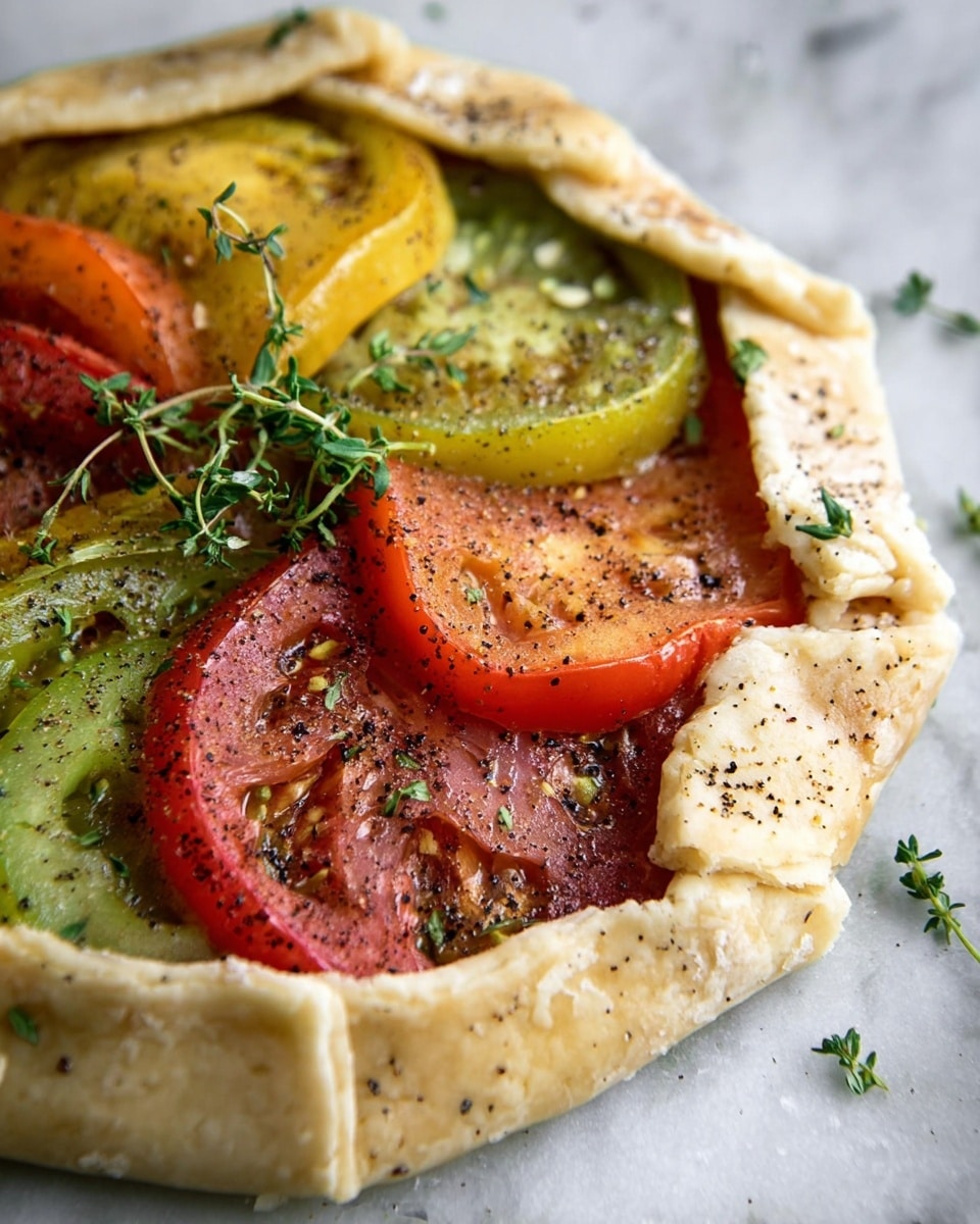 This image shows a rustic tart with a single thick crust layer that folds over the edges. Inside, there are several slices of tomatoes in different colors: green, red, yellow, and pinkish-red. The tomato slices have a fresh and juicy look with some visible seeds, sprinkled with black pepper and small green herb leaves. A small sprig of fresh thyme rests on top in the middle. The tart sits on a white marbled surface. Photo taken with an iphone --ar 4:5 --v 7