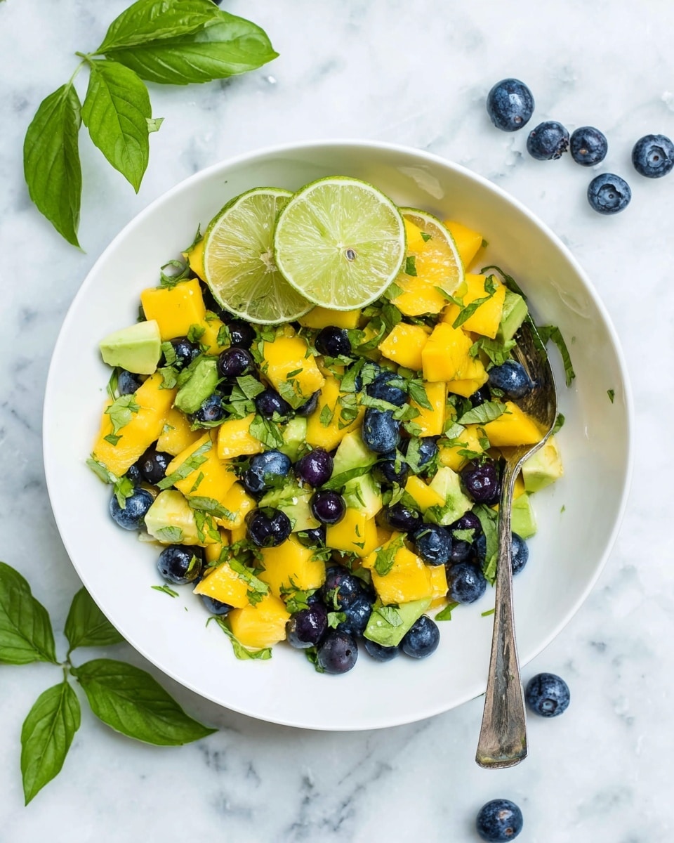 A white bowl filled with a colorful fruit salad, showing three main layers: bright yellow mango cubes, dark blue blueberries, and light green avocado pieces, all mixed together with chopped fresh green herbs sprinkled throughout. On one side of the bowl, two lime wedges rest on top of the fruit mix, adding a pop of light green. A silver fork is placed inside the bowl, leaning against the fruit. Around the bowl, some loose blueberries and a lime wedge sit on a white marbled surface, with a few green leaves on the side. The image is bright and fresh, with a clean, simple presentation. photo taken with an iphone --ar 4:5 --v 7