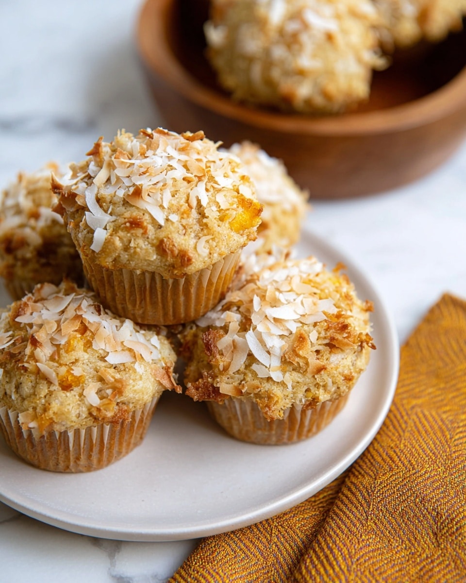 The image shows a close-up of five muffins on a white plate, each muffin topped with light brown and white toasted coconut shreds. The muffins have a golden-brown, soft, and slightly crumbly texture with visible small orange spots inside, peeking through the coconut. The plate sits on a white marbled surface, with a piece of mustard yellow cloth with a herringbone pattern partially visible in the bottom right corner. In the background, there is a blurred wooden bowl with another muffin, creating depth in the image. Photo taken with an iphone --ar 4:5 --v 7