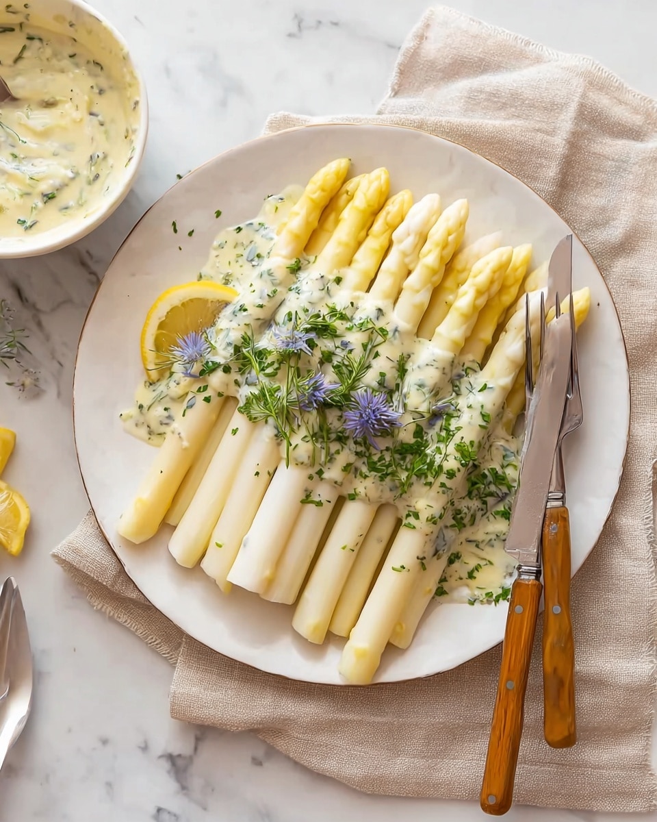 A white plate holds two layers of white and light yellow asparagus spears arranged in parallel, topped with a creamy sauce that has green herb bits and some small purple flowers. Lemon slices are placed under the sauce, peeking out between the asparagus. The plate sits on a white marbled surface with a beige cloth napkin beneath it. In the top left corner, there is a white bowl filled with the same creamy sauce. A spoon and fork with wooden handles rest close to the plate. photo taken with an iphone --ar 4:5 --v 7