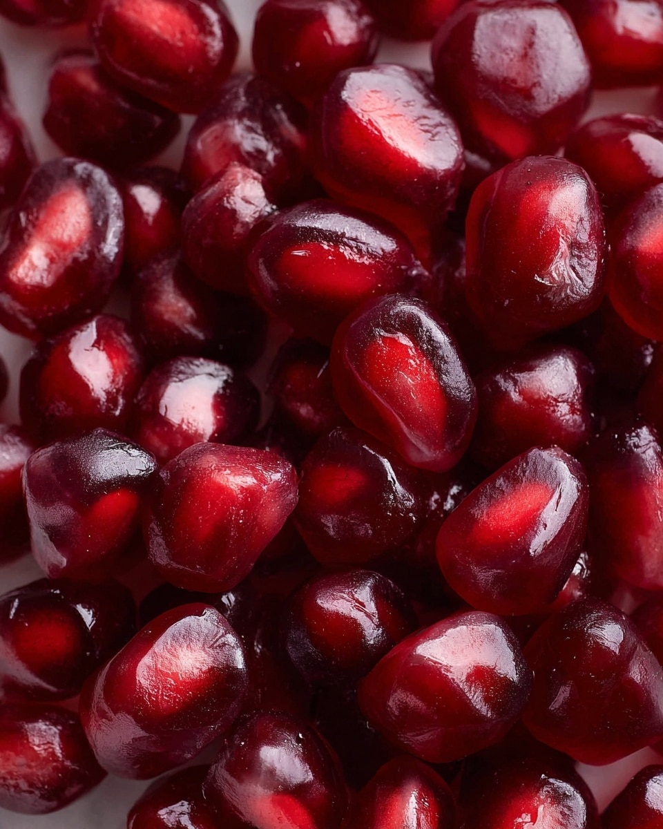 The image shows a close-up view of many dark red pomegranate seeds filling the frame. The seeds have a shiny, smooth texture with a mix of deep red and slightly lighter red colors. They are piled closely together, showing their plump and slightly glossy surfaces, some with small light reflections that give a fresh look. The background and surface are a soft white marbled texture, adding subtle contrast to the rich color of the seeds. photo taken with an iphone --ar 4:5 --v 7