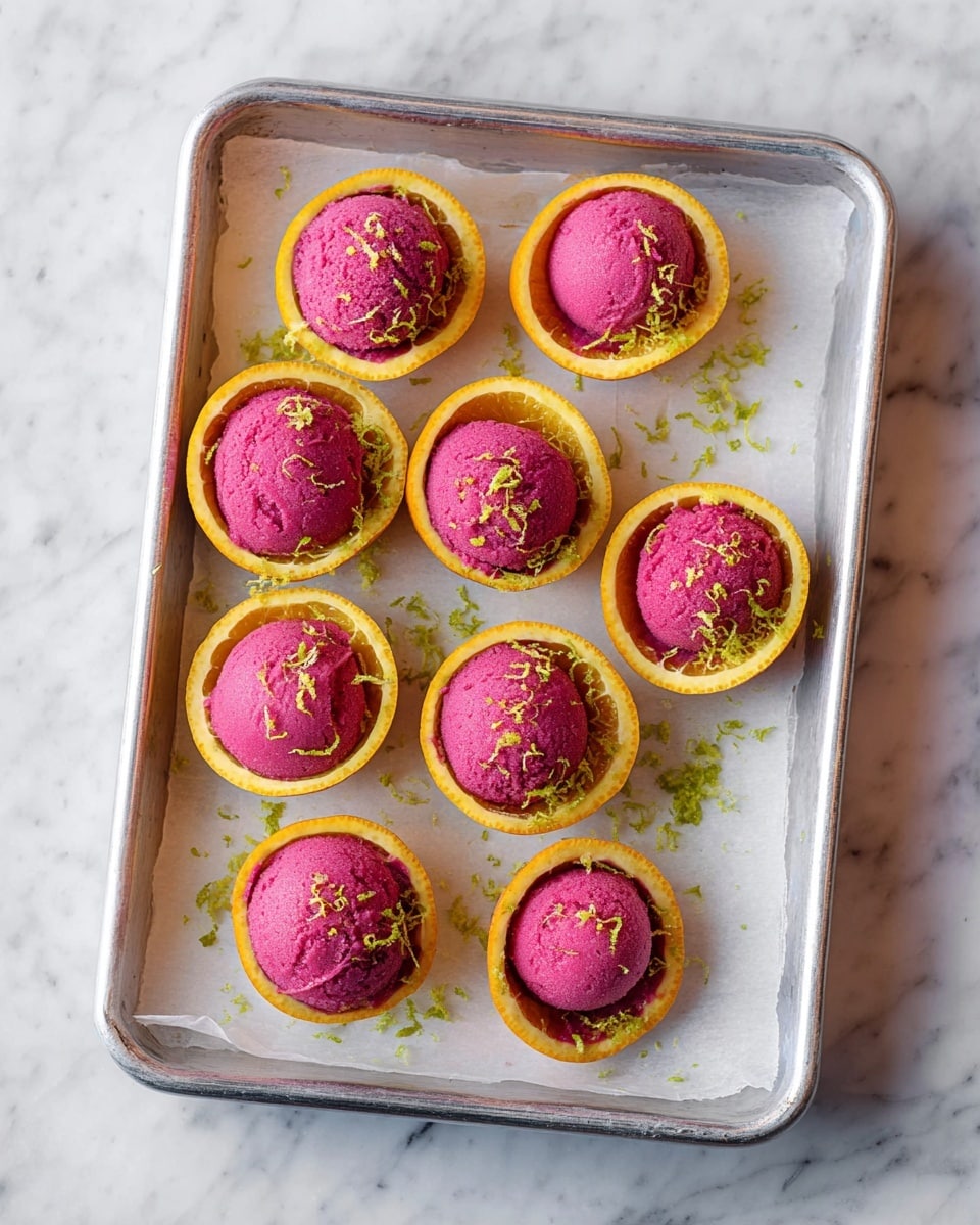 The image shows eight small yellow halved oranges, each filled with a rounded scoop of bright pink sorbet on top. The oranges are arranged on white parchment paper that covers a metal tray. Light green zest is sprinkled over the sorbet and the parchment paper. The tray sits on a white marbled surface. The bright pink sorbet has a smooth and creamy texture, while the orange peel shells add a natural yellow rim around each scoop. Photo taken with an iphone --ar 4:5 --v 7