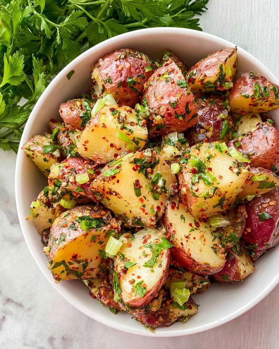 A white bowl filled with about two layers of mixed red and yellow potatoes, cut into small pieces with skin on, coated with chopped green herbs and small bits of celery scattered throughout. The potatoes have a slightly rough texture, and the herbs add a fresh, leafy green color contrast with tiny sprinkles of red seasoning flakes on top. The scene is set on a white marbled surface with fresh green parsley visible on the side. Photo taken with an iphone --ar 4:5 --v 7