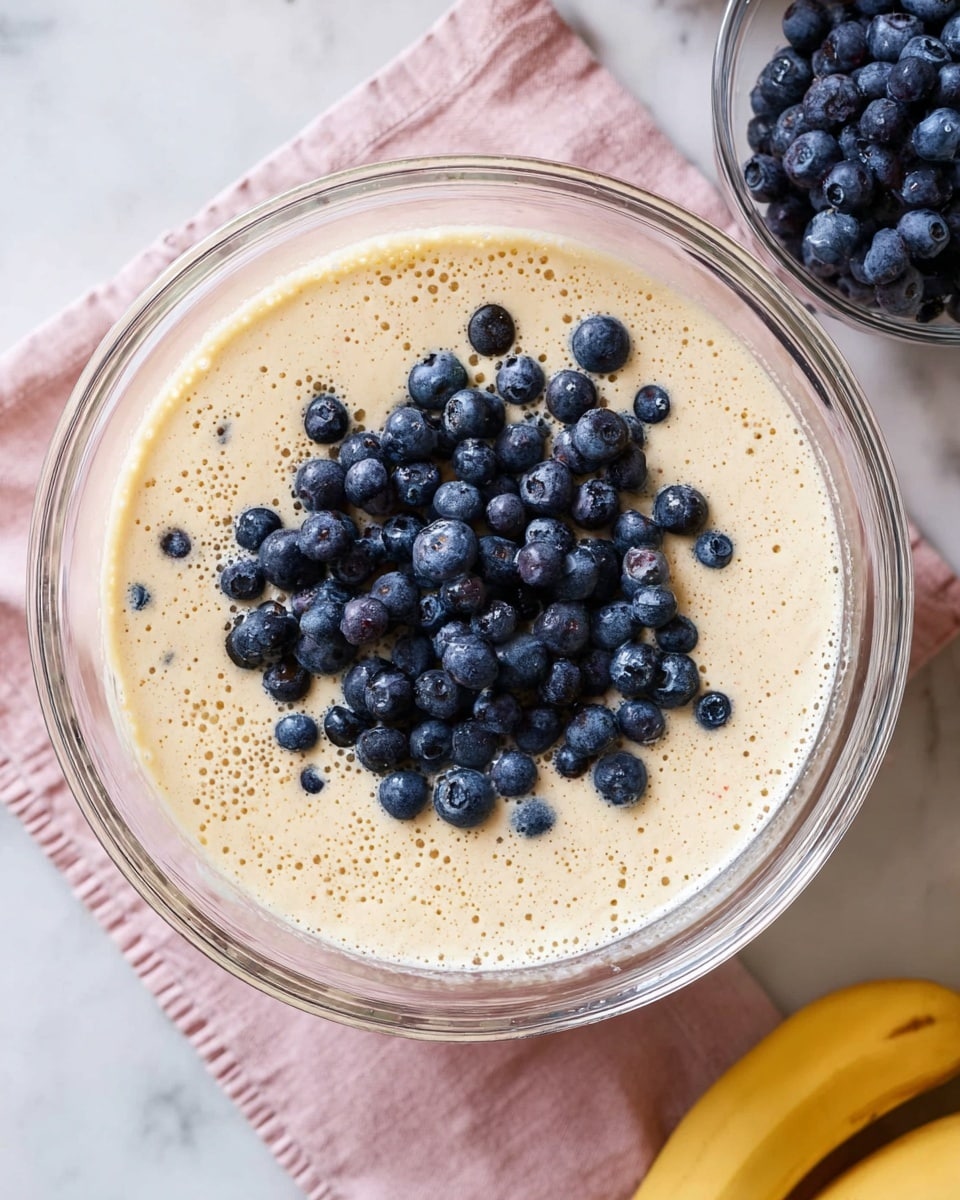 A large clear glass bowl holds a creamy, light beige batter mixed with small bubbles, and a pile of fresh dark blue blueberries sits on top in the center. The bowl is placed on a soft pink cloth on a white marbled surface. To the right of the bowl, there is a smaller clear glass bowl filled with more blueberries, and the edge of a yellow banana is visible at the bottom right corner. Photo taken with an iphone --ar 4:5 --v 7