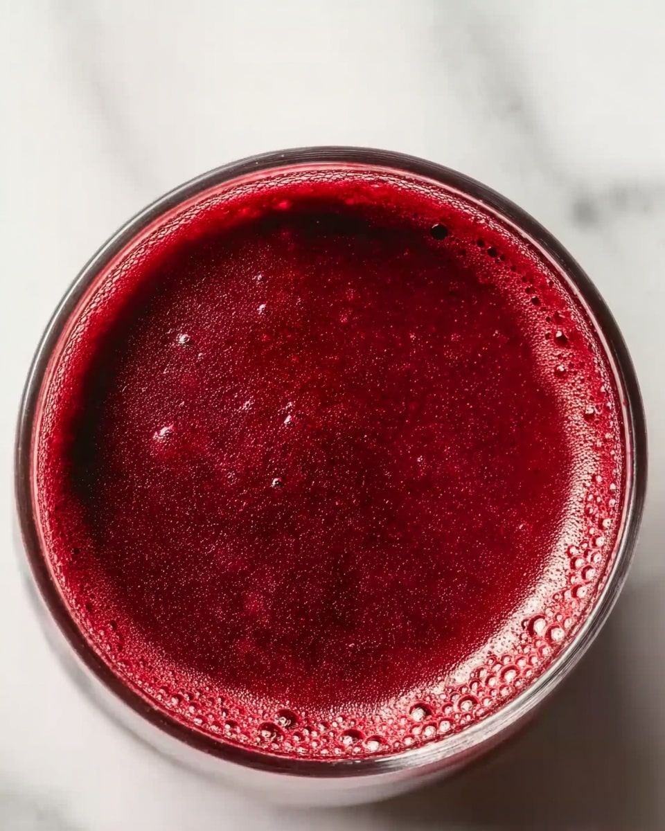 A close-up top view of a glass filled almost to the brim with a deep red juice that has a slightly frothy texture and small bubbles on the surface. The glass is clear and sits on a white marbled surface, with the juice showing a smooth, thick consistency and rich color. Photo taken with an iphone --ar 4:5 --v 7