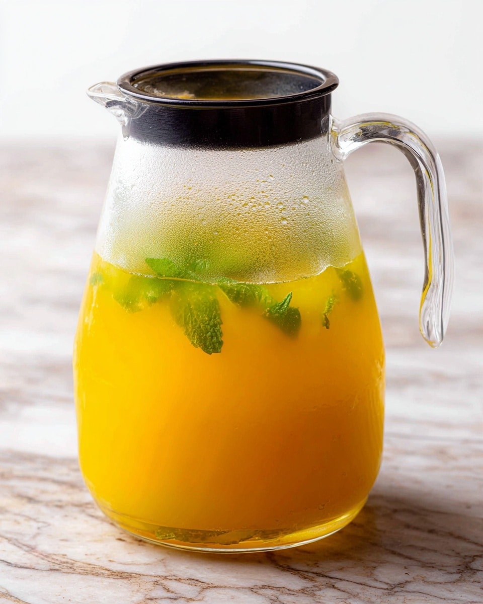 A clear glass pitcher with a black metal handle and rim is filled with a bright yellow-orange liquid. Inside the liquid, small green mint leaves float near the top where condensation is forming on the glass. The pitcher sits on a white marbled surface with soft lighting highlighting the refreshing drink inside. photo taken with an iphone --ar 4:5 --v 7