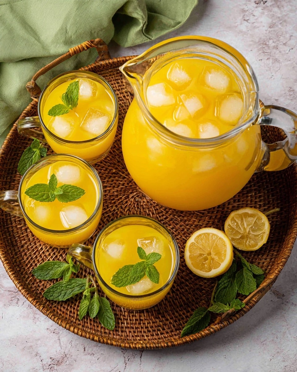 The image shows a large clear glass pitcher filled with bright yellow-orange juice with many ice cubes floating inside. Around the pitcher, there are four small clear glass mugs filled with the same juice, each containing ice cubes and fresh green mint leaves floating on top. The pitcher and mugs are placed on a woven brown tray. Scattered around the tray are fresh green mint leaves and a lemon cut in half. A soft green cloth is partially visible on the top left corner, and the surface beneath everything is a white marbled texture. photo taken with an iphone --ar 4:5 --v 7