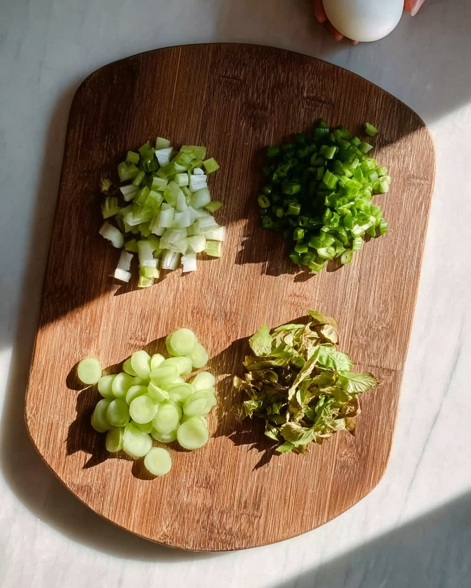 The image shows a wooden board with three small piles of chopped green vegetables spaced evenly from top left to bottom right. The top left pile includes light green and white pieces with leafy and crunchy textures; the middle pile has round, bright green slices, and the bottom right pile shows green pieces with a mix of light and dark tones, some curled. A woman's hand holds a white round tool above the board. The white marbled surface is visible around the board, and soft natural light casts shadows over the scene. photo taken with an iphone --ar 4:5 --v 7