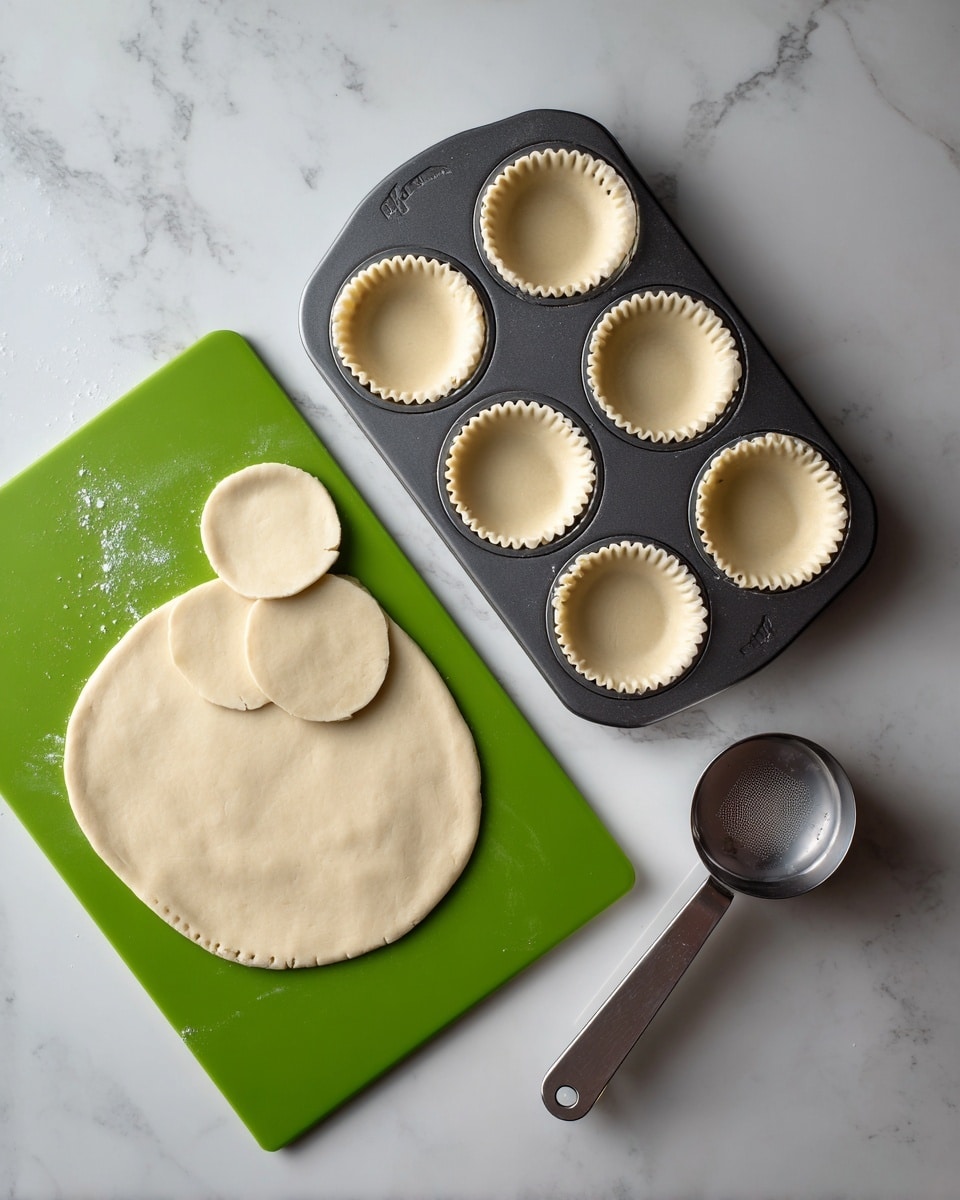 The image shows a baking tray with six small dough cups placed inside the first three slots on the top right, each dough cup light beige in color with a slightly textured surface and small holes poked into them. To the left of the tray, there is a rolled out piece of dough on a bright green cutting board, with four round circles cut from the dough, showing a smooth pale surface. Below the dough on the green board, there is a metal round cutter tool. The whole setup is on a white marbled surface. Photo taken with an iphone --ar 4:5 --v 7