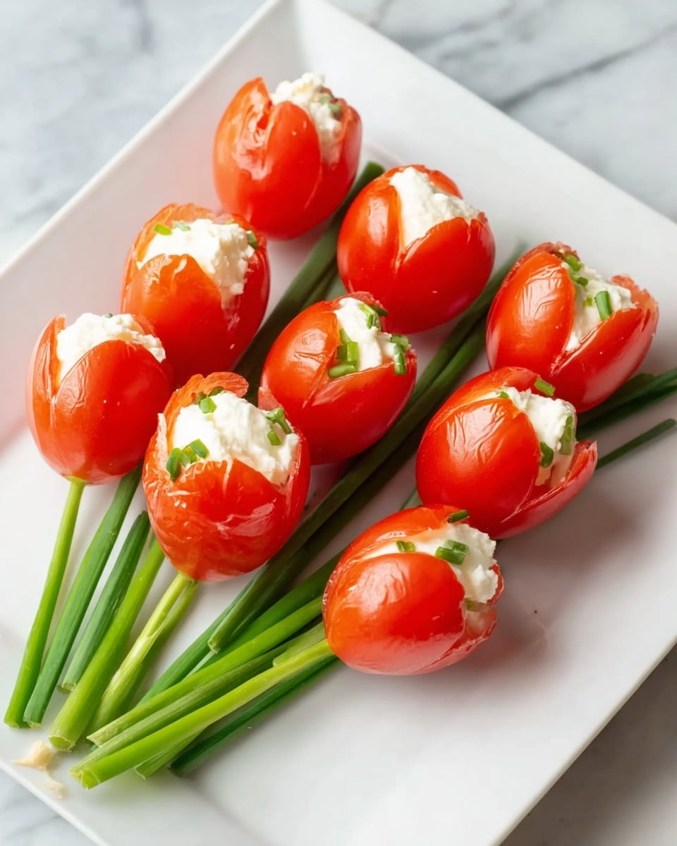 The image shows a white square plate on a white marbled surface, holding a bouquet of small tomatoes that look like red tulip flowers. Each tomato is partly sliced open to reveal a soft white cream filling inside, making three or four white sections per tomato. The tomatoes are arranged in two rows, with bright green long stems made of fresh chives or scallions beneath them, extending from the bottom to the middle of the plate. The bright red of the tomatoes contrasts with the smooth white filling and fresh green stems, giving the whole dish a fresh, colorful look. photo taken with an iphone --ar 4:5 --v 7