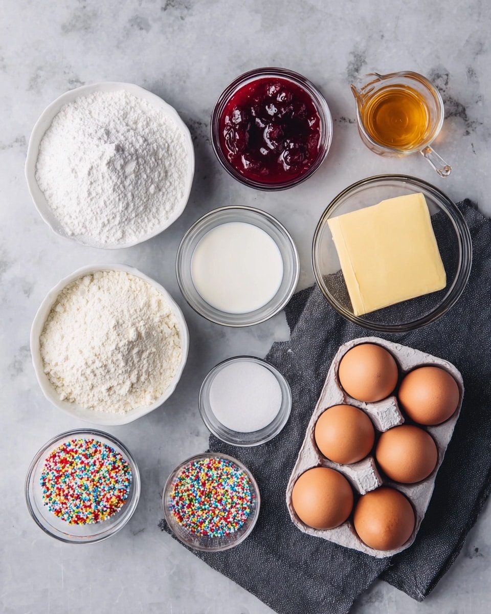 The image shows a neat arrangement of baking ingredients on a white marbled surface. From left to right, there is a white bowl filled with powdered sugar, next to a small clear bowl of baking soda, then a small clear bowl of cornstarch below it. Above, a clear glass bowl with red jam sits beside a clear glass mug of cream and a clear glass jug of cream. Below these, a small white bowl filled with colorful round sprinkles and a small white bowl of white sugar. On the right side, a white egg tray holds six brown eggs and a thick yellow stick of butter, along with a small clear glass container of honey, all resting on a dark gray cloth. photo taken with an iphone --ar 4:5 --v 7