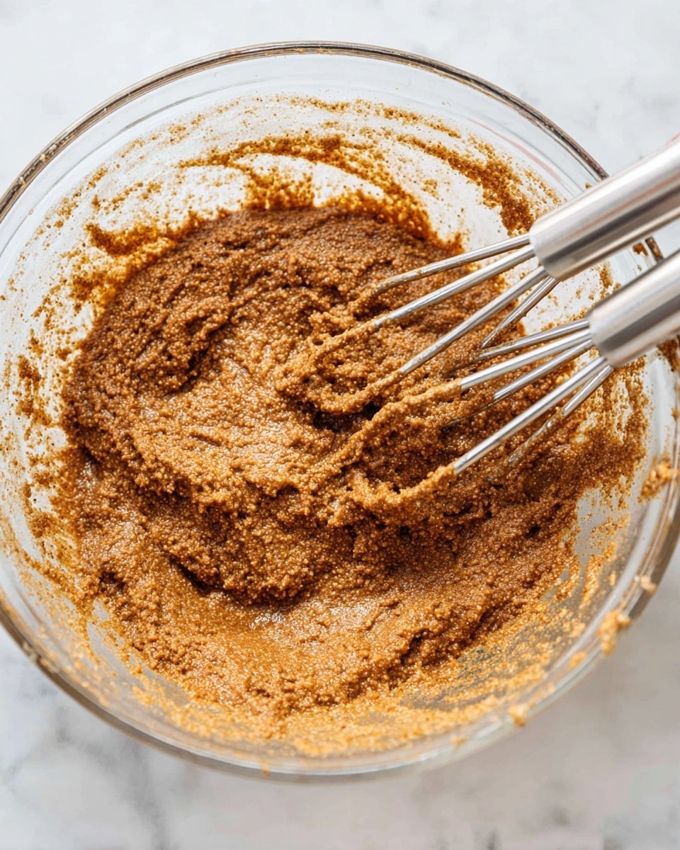 In a clear glass bowl on a white marbled surface, a thick, grainy brown batter is being mixed with two stainless steel beaters from a hand mixer, partially coated with the mixture. The batter has a textured, slightly rough appearance with small granules visible throughout, clinging to the sides of the bowl. The bowl is filled about halfway, and the mixture looks moist and dense, showing a rich dark brown color with a slightly uneven consistency. photo taken with an iphone --ar 4:5 --v 7