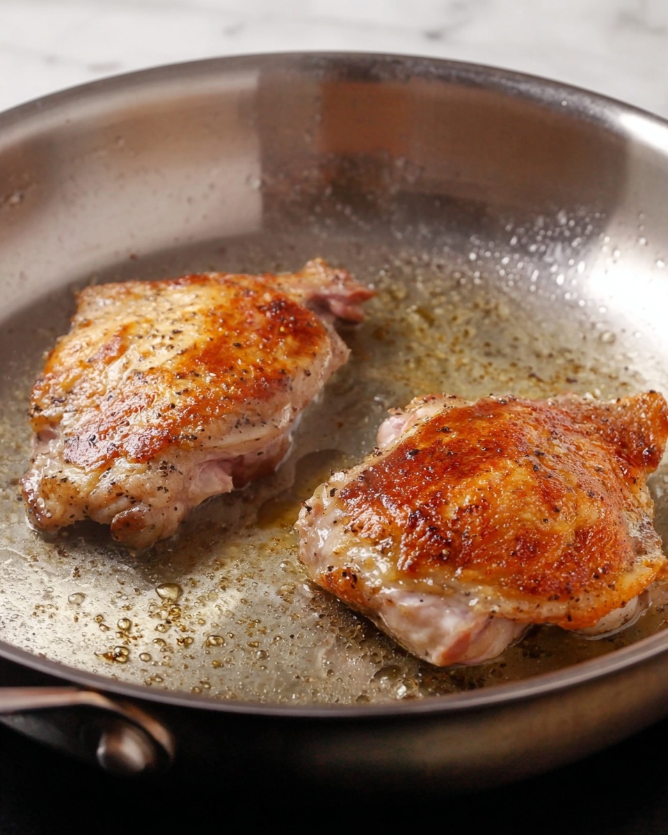 Two browned pieces of chicken with a golden crispy skin sit frying in a shiny stainless steel pan. The chicken pieces have a light pepper seasoning and are slightly raised showing the white and light pink shades of the cooked meat underneath. The pan has small droplets of oil and a slightly textured surface with steam rising from the heat. The background is a white marbled texture. photo taken with an iphone --ar 4:5 --v 7