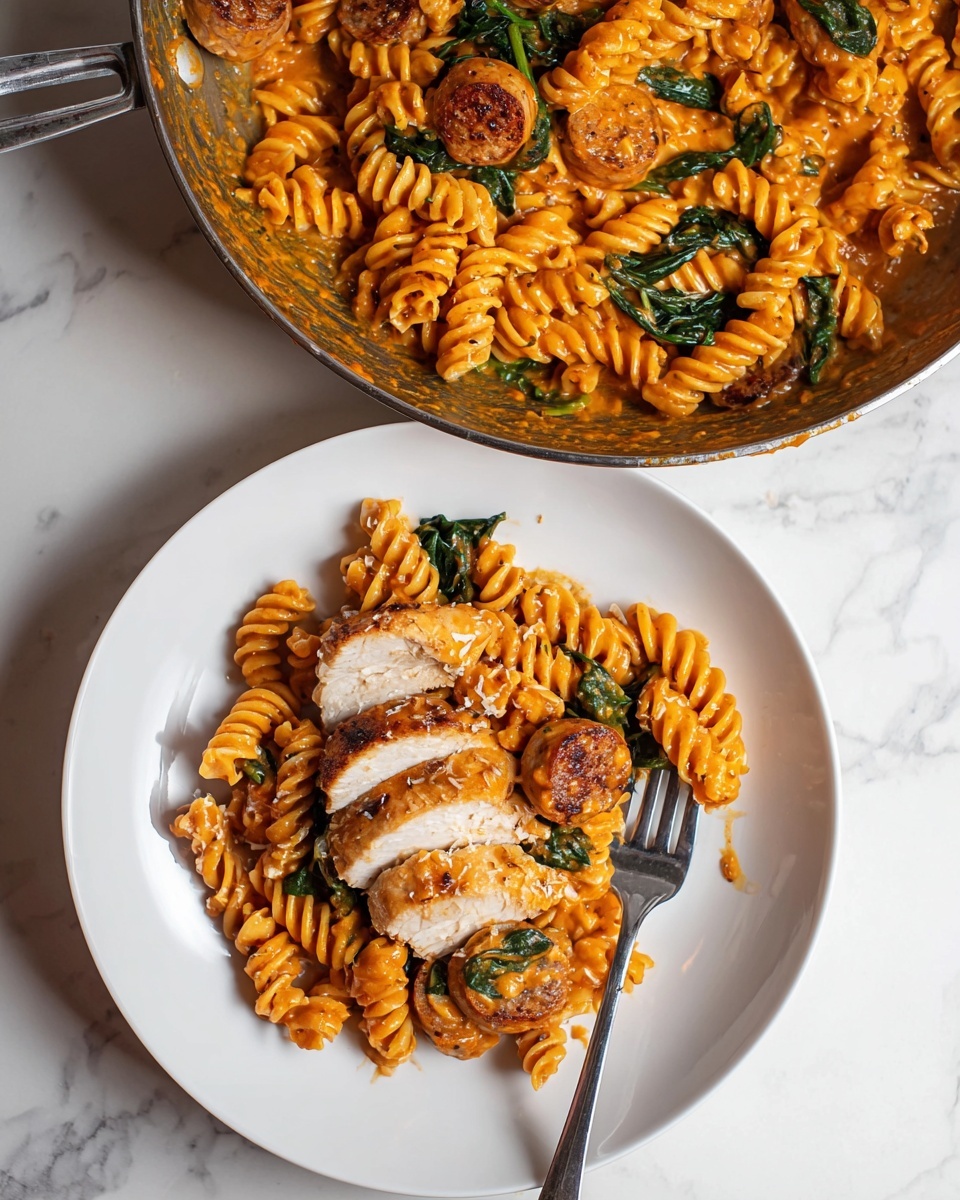 A white plate on a white marbled surface holds a serving of spiral pasta coated in a creamy orange sauce with visible green spinach leaves and round browned sausage slices mixed in. On top of the pasta lies a sliced cooked chicken with a golden brown crust and white inside, drizzled lightly with the same orange sauce. To the right, a fork is resting on the plate, holding one sausage slice and some pasta. Above the plate, a skillet shows more of the same pasta with sauce and sausage, with some sauce residue on the pan's inner edge. Photo taken with an iphone --ar 4:5 --v 7