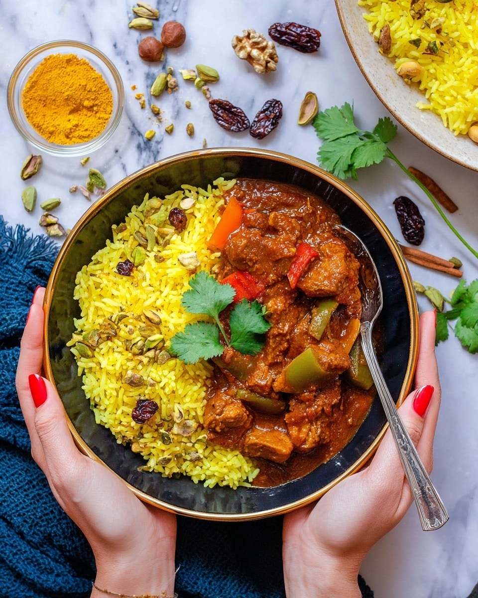A black bowl with a gold rim is held by two woman's hands with red nail polish over a blue cloth on a white marbled surface. Inside the bowl, the left half shows a bright yellow rice layer mixed with pistachios and raisins, giving a textured, slightly fluffy look. The right half has a thick, rich reddish-brown curry with chunks of meat and pieces of green and red bell peppers. A silver spoon rests on the right side in the curry. A small sprig of cilantro is placed across the middle where the rice and curry meet. Around the bowl on the white marbled surface, there are scattered spices, dried fruits, and fresh cilantro leaves. A small clear bowl with bright yellow powder sits near the top left corner. In the top right corner, part of a large white plate with more yellow rice and nuts is visible. Photo taken with an iphone --ar 4:5 --v 7
