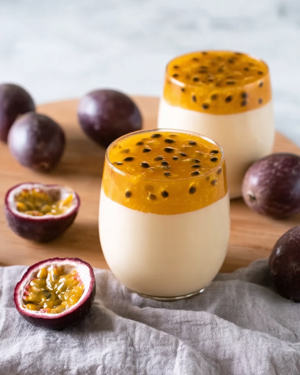 The image shows two clear glasses filled with a two-layer dessert placed on a wooden surface covered partly by a wrinkled light gray cloth. Each glass has a bottom layer of smooth, creamy white pudding that takes up about 85% of the glass height. The top layer is bright yellow passion fruit jelly with black seeds scattered evenly throughout, making up about 15% of the glass height. Around the glasses, there are several whole dark purple passion fruits and two halves of passion fruits showing their juicy yellow seeds. The background surface is a white marbled texture. The image has soft natural lighting highlighting the shiny texture of the jelly and creaminess of the pudding. photo taken with an iphone --ar 4:5 --v 7