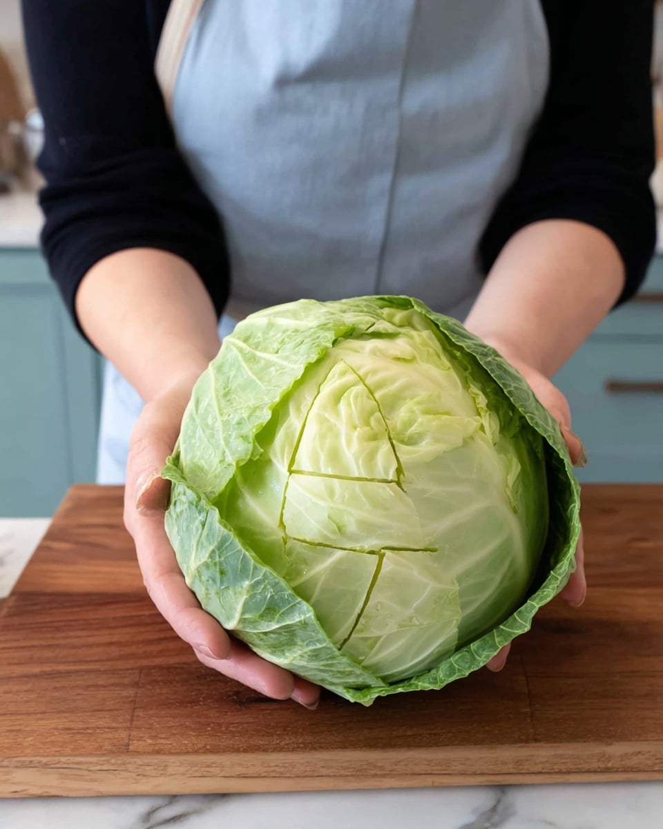 A pair of woman's hands holds a whole green cabbage with its outer leaves intact. The cabbage is marked with shallow cuts creating a grid pattern on its surface. The background shows a wooden cutting board on top of a white marbled countertop, with light blue kitchen cabinets visible in the distance. The person holding the cabbage wears a black shirt and a light blue apron. Photo taken with an iphone --ar 4:5 --v 7