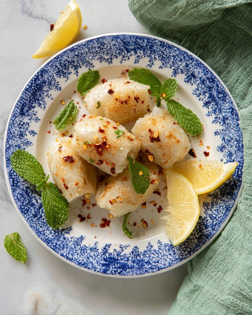 On a round white plate with blue floral patterns around the edge, there are six light beige rolls stacked loosely in the center, sprinkled with red chili flakes. Fresh green mint leaves are scattered on and around the rolls. Two lemon slices with pale yellow color sit near the top right edge of the plate. The plate is placed on a white marbled surface with a green cloth partially visible in the top right background. photo taken with an iphone --ar 4:5 --v 7