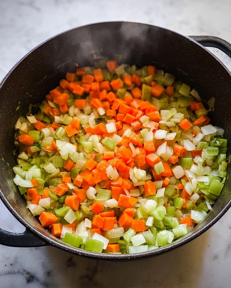 Inside a black cooking pot, there are three layers of chopped vegetables: orange carrots, light green celery, and translucent white onions, all roughly cut into small cubes. The vegetables are mixed together and warm steam rises from them, giving a fresh cooked look. The pot is set on a white marbled texture surface. photo taken with an iphone --ar 4:5 --v 7