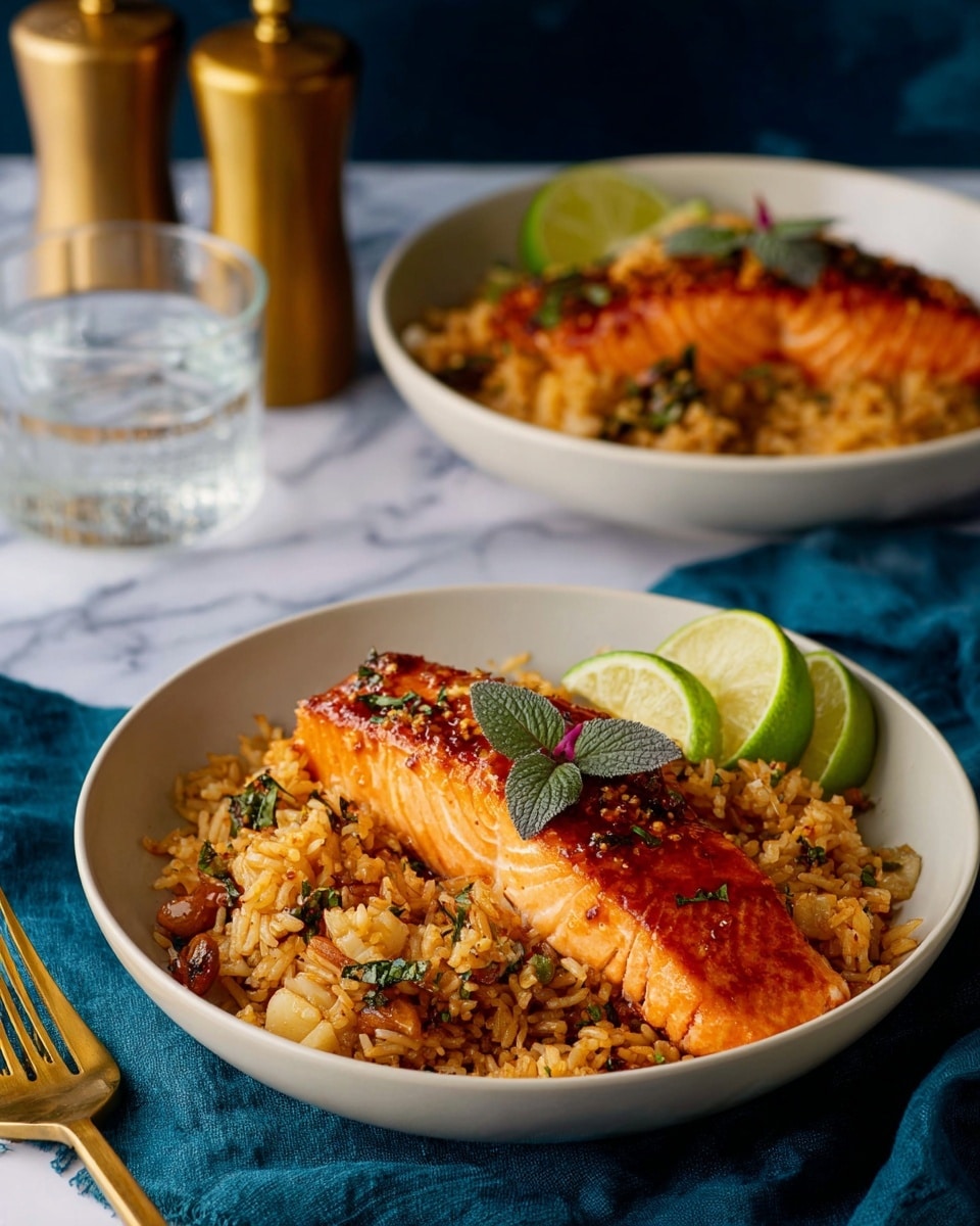 A white bowl with a layer of golden brown fried rice mixed with bits of green herbs and small chunks, topped with a large glazed salmon fillet that is bright orange with a slightly crispy, caramelized surface. On the salmon sit two small green leaves with red veins for garnish. To the right edge of the rice are two fresh lime wedges. The bowl is placed on a blue cloth on a white marbled surface. In the background, a second white bowl with the same food is slightly out of focus, along with a glass of water and pepper grinders. A gold fork lies beside the bowl. Photo taken with an iphone --ar 4:5 --v 7
