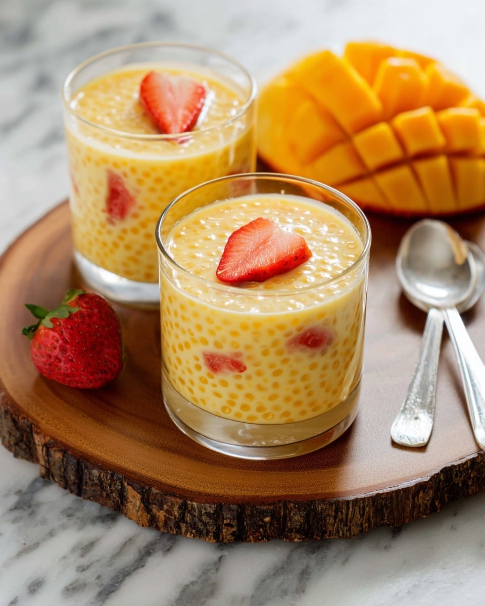 The image shows two clear glass cups filled with a yellow creamy dessert with many small translucent pearls inside, giving it a textured look. Each cup has pieces of red strawberry visible inside and a strawberry slice on top. The cups sit on a round wooden board with rough bark around the edge, placed on a white marbled surface. Behind the cups, there is a bright orange mango with a grid pattern exposed and a whole red strawberry. To the right on the board, two silver spoons rest side by side. The lighting is soft and natural, highlighting the smooth and creamy texture of the dessert. photo taken with an iphone --ar 4:5 --v 7
