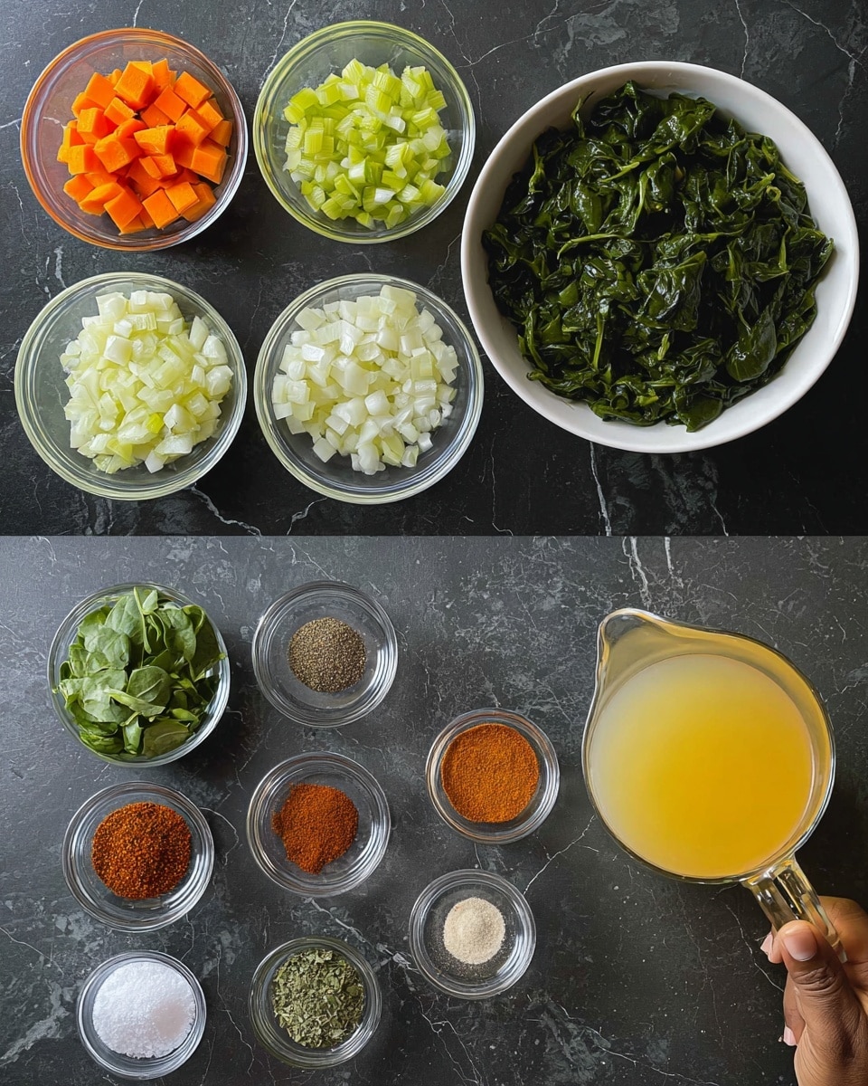 The image shows two parts with small white bowls and clear glass bowls arranged on a dark stone surface, changed in the prompt to a white marbled texture. The top part has four clear glass bowls containing diced orange carrots, chopped light green celery, small white and yellow chopped garlic, and chopped white onions, all placed in a loose cluster. The bottom part shows a larger white bowl filled with cooked dark green spinach, a smaller clear glass bowl with fresh chopped green spinach leaves, five small clear glass bowls with various ground spices in shades of red, brown, and green, one small clear bowl with white salt and ground black pepper, and a glass pitcher filled with light yellow broth held by a woman's hand at the lower right corner. The arrangement is neat and shows fresh ingredients prepared for cooking. photo taken with an iphone --ar 4:5 --v 7