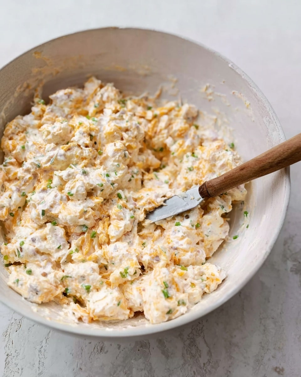 A close-up of a white bowl full of a creamy mixture with chunks of light orange and white ingredients, softened and slightly mixed, with small green bits spread throughout. A knife with a wooden handle rests inside the bowl, partially buried in the mixture. The bowl is set on a white marbled surface. The texture looks slightly lumpy and moist, with a soft and thick consistency. Photo taken with an iphone --ar 4:5 --v 7