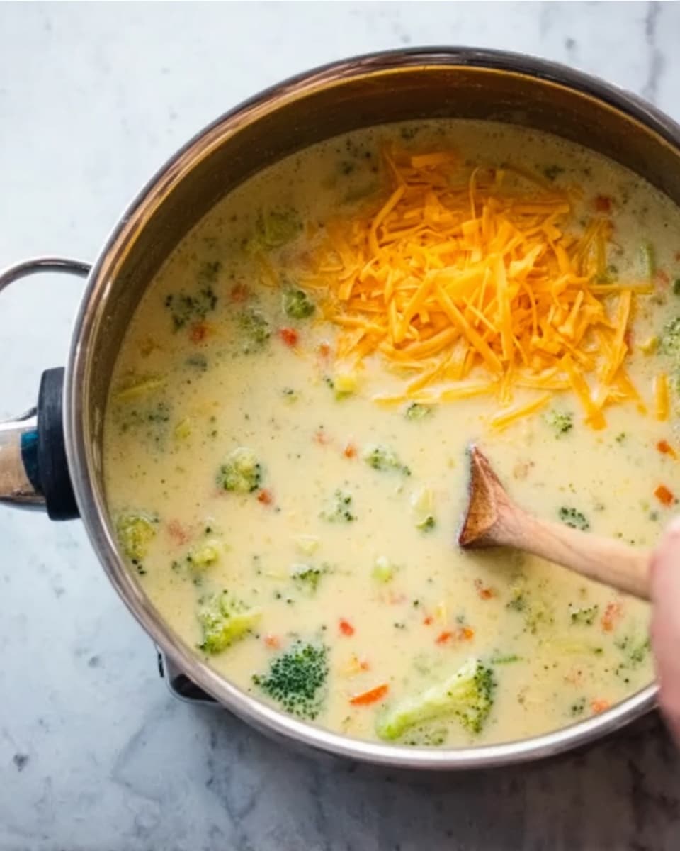 A large silver pot filled with creamy soup that has visible small pieces of broccoli, carrots, and other vegetables. The soup is thick and light yellowish-white in color. On the top there is a pile of shredded bright orange cheese. A woman's hand is holding a wooden spoon stirring the soup. The pot is placed on a white marbled surface. photo taken with an iphone --ar 4:5 --v 7