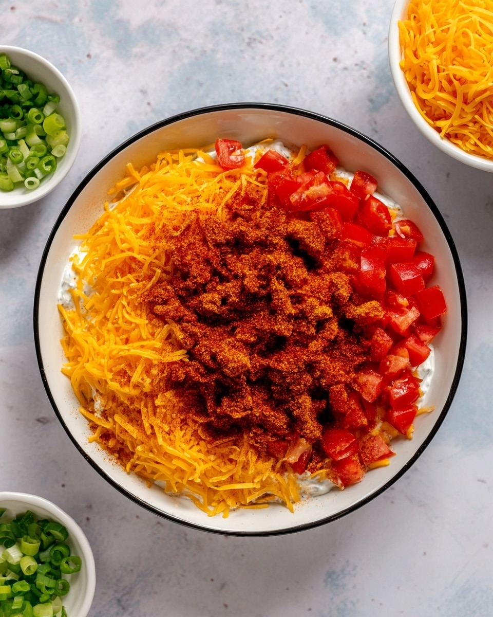 The image shows a white bowl with a black rim on a white marbled surface. Inside the bowl, there is a visible three-layer mix: the bottom layer is white sour cream, partially covered by a middle layer of shredded orange cheddar cheese, and topped with finely chopped red tomatoes scattered unevenly across the bowl. On top of the tomatoes, there is a generous sprinkle of dark orange chili powder spread mostly in the middle. Around the bowl, on the white marbled surface, there are two small white bowls—one on the left with chopped green onions and one on the right filled with shredded cheddar cheese. Photo taken with an iphone --ar 4:5 --v 7