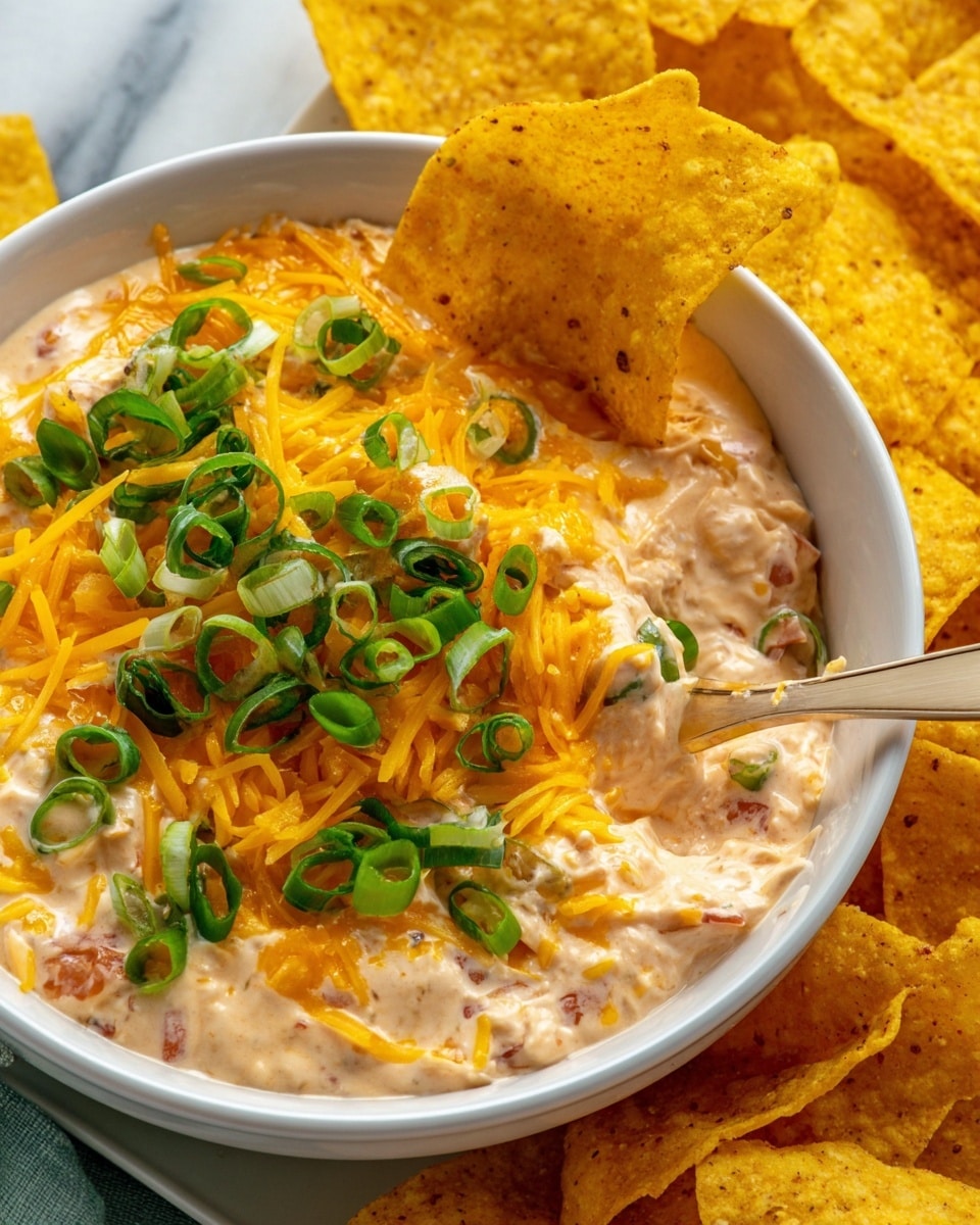 An oval white ceramic dish is filled with a creamy dip that has a light pinkish-beige color and a chunky texture. The dip is topped with a layer of bright orange shredded cheddar cheese and scattered finely chopped green onions. The dish sits in the middle of a white plate, surrounded by multiple golden yellow crispy tortilla chips that have salt flakes on them. The plate rests on a white marbled surface with a spoon placed under the dish's handle. Photo taken with an iphone --ar 4:5 --v 7