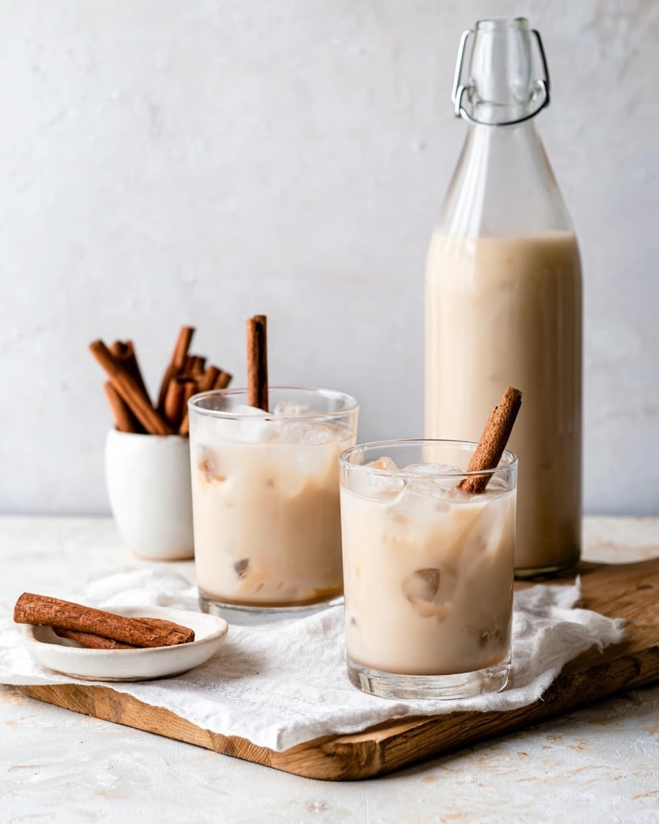 Two clear glasses are placed on a wooden board with a white cloth next to them, each filled with a light creamy beige drink and ice cubes visible inside. Each glass has a cinnamon stick standing upright in the drink. Behind the glasses, there is a tall bottle with a clasp lid, filled about halfway with the same creamy light beige liquid. To the left, a small white cup filled with cinnamon sticks sits on a white plate. The background and surface are a soft white marbled texture, giving a clean and light look. Photo taken with an iphone --ar 4:5 --v 7