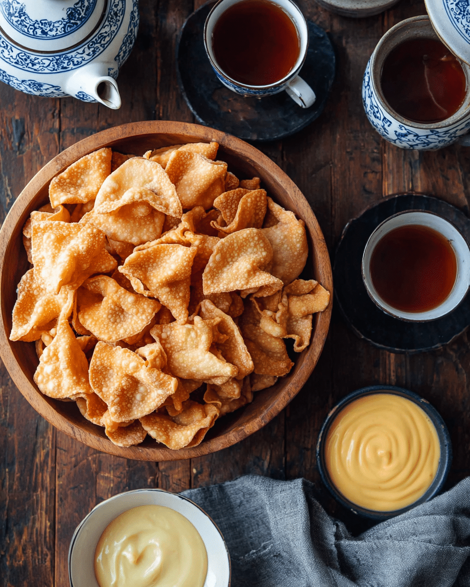 A wooden bowl is filled with golden brown, crispy folded snacks that have a bubbly, crunchy texture. Around the bowl, on a dark wooden surface, there is a white and blue patterned teapot with a matching cup filled with dark tea, and two more similar cups nearby. A small white bowl on the right contains a smooth, bright yellow sauce, while a small dark bowl below holds a creamy pale yellow sauce. A gray cloth is placed near the bottom right corner. photo taken with an iphone --ar 4:5 --v 7