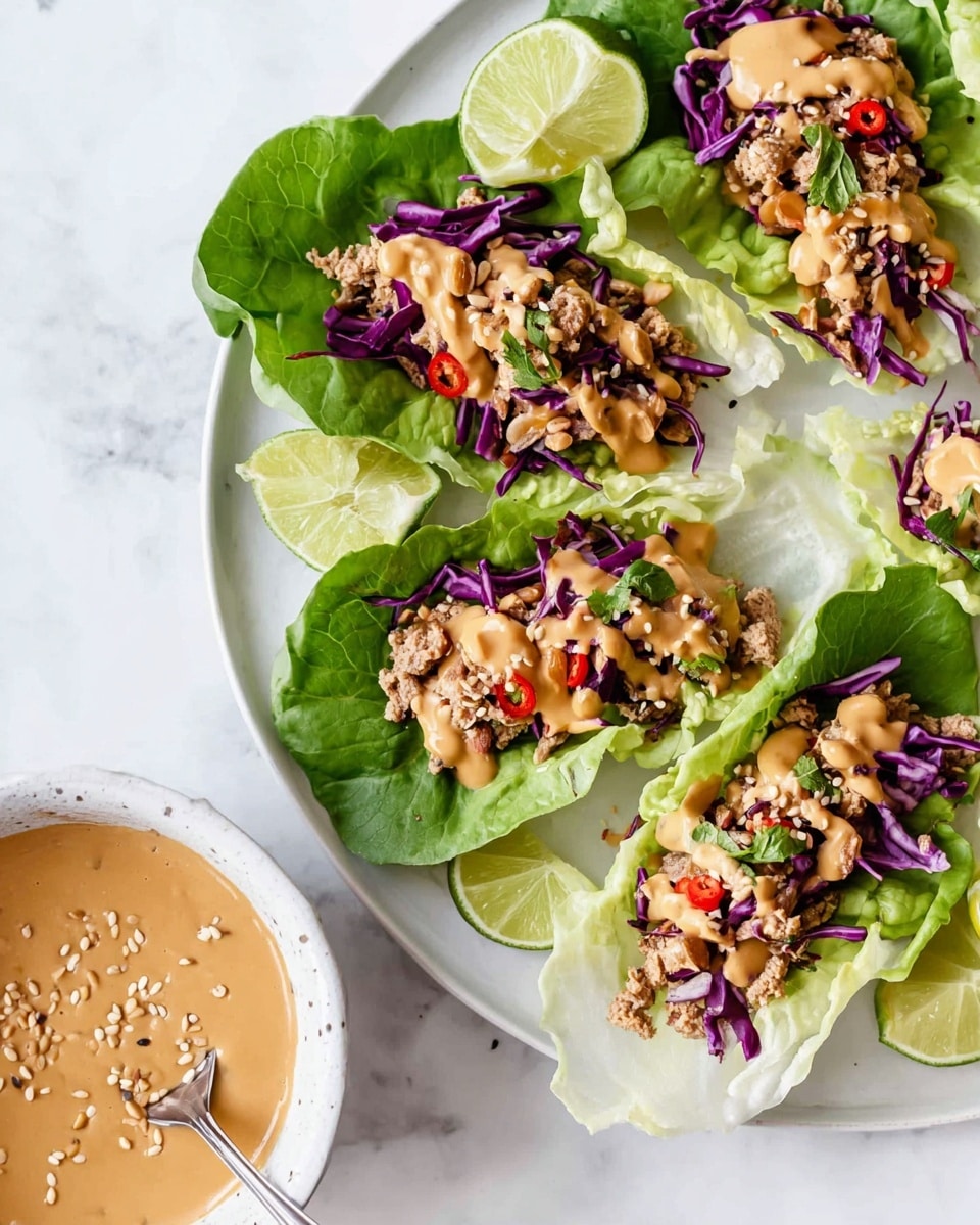 The image shows four green lettuce leaves arranged on a white plate, each leaf topped with a layer of purple cabbage strips, followed by small pieces of light brown cooked minced meat or tofu mixed with red chili bits, and sprinkled with sunflower seeds and sesame seeds. A smooth, light brown sauce is drizzled over each leaf. Around the plate, there are lime wedges placed on a white marbled surface. In the lower left corner, a white bowl contains the same light brown sauce, topped with some seeds, and a spoon inside it. The photo taken with an iphone --ar 4:5 --v 7