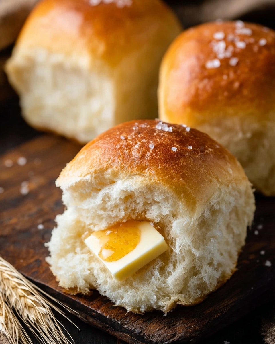 A close-up image of a soft bread roll broken open on a dark wooden surface, showing its fluffy, white inside. On the bottom half of the roll, there is a square piece of butter with a small amount of honey drizzled on top, creating a shiny golden layer. The top half of the roll is golden brown with a sprinkle of coarse salt crystals. In the background, two more rolls with the same golden-brown tops are slightly out of focus, along with some wheat stalks on the side. The overall look is warm and inviting, with the bread's texture clearly visible. Photo taken with an iphone --ar 4:5 --v 7
