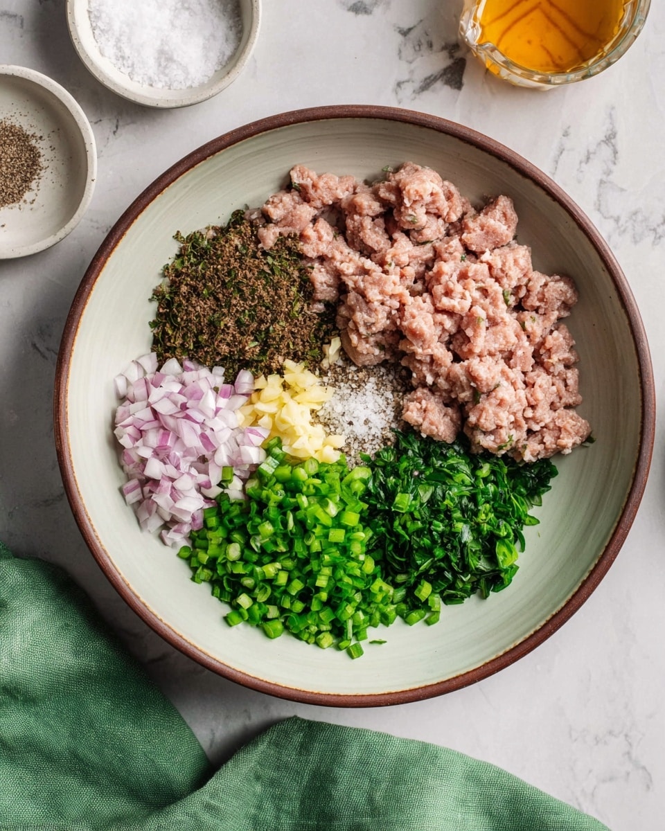 In a white bowl with a brown rim, there are six sections of ingredients arranged separately: dark brown ground nuts or seeds on the top left, light pink ground meat on the top right, finely chopped light purple onions on the bottom left, finely chopped pale yellow garlic next to the onions, dark green chopped herbs in the center right, and bright green chopped scallions on the bottom right. A small pile of white salt and black pepper sits between the meat sections. The bowl is placed on a white marbled surface, with a green cloth napkin folded at the lower left corner. Two small white dishes, one filled with coarse white salt and the other with amber liquid, are partially visible in the top left corner. photo taken with an iphone --ar 4:5 --v 7