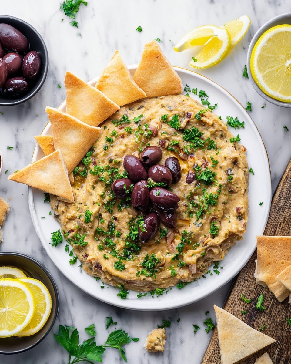 The image shows a white round plate on a white marbled surface filled with a creamy, chunky light brown dip with bits of herbs mixed in. The dip covers most of the plate's right side and is topped with a small pile of dark purple and black olives at the center. Bright green chopped parsley is sprinkled over the dip and olives. On the left half of the plate, there are several light golden triangles of pita bread, arranged in a fan shape. Around the plate, there are small black and white bowls: one with lemon wedges on the top left, one with dark olives on the bottom left, and one with more chopped parsley on the top right. Scattered pieces of pita and parsley leaves add a casual touch to the scene. photo taken with an iphone --ar 4:5 --v 7