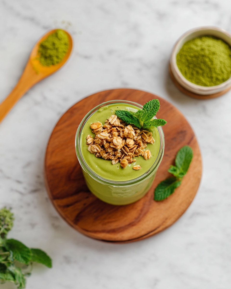A glass jar filled with one layer of smooth green matcha smoothie sits on a round wooden board. The top layer has light brown crunchy granola pieces and two bright green fresh mint leaves placed on the right side. Around the board, there is a wooden spoon with green powder on the bottom left and a small round bowl of green powder on the top right, all set on a white marbled surface. Photo taken with an iphone --ar 4:5 --v 7