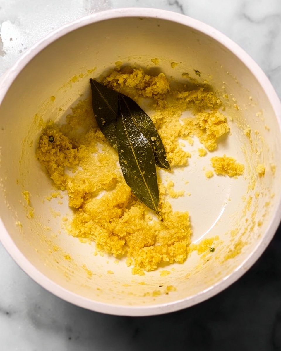 Inside a white pot, there is a small amount of yellow garlic and ginger paste spread unevenly across the base, with a single bay leaf sitting on top near the center. The texture looks slightly oily and coarse, with the paste scattered thinly in some areas and more clumped in others, creating a rustic, lightly cooked appearance. The pot’s surface is clean around the edges, and the background is a white marbled texture. Photo taken with an iphone --ar 4:5 --v 7