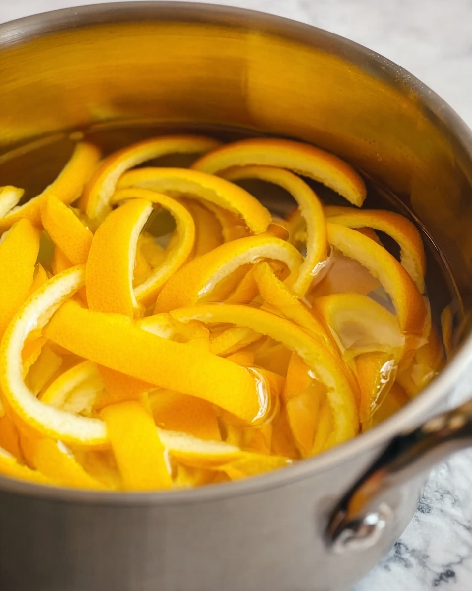 A close-up view of a silver pot filled with thin orange peel slices soaking in clear water. The orange peels are bright yellow-orange with a smooth texture, some curls visible as they float. The pot is shiny with reflections, showing part of the handle on the right side. The background is a white marbled texture. Photo taken with an iphone --ar 4:5 --v 7