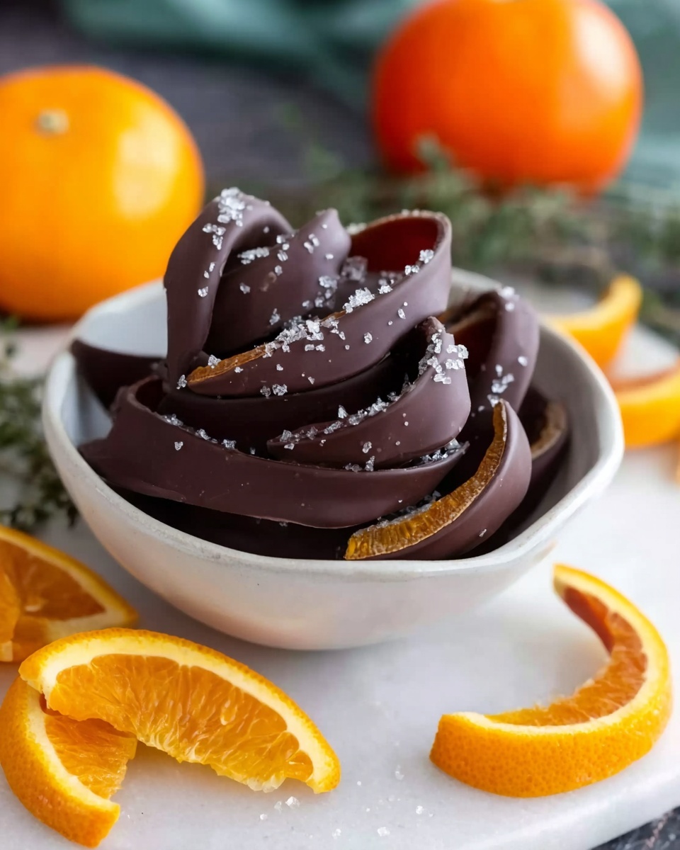 The image shows a small white bowl filled with curved chocolate covered orange peels stacked on top of each other. The chocolate is dark and smooth with a shiny texture, and small grains of coarse salt are sprinkled over the peels. Around the bowl, on a white marbled surface, there are several bright orange slices with thick peel and a few salt grains scattered. In the background, there are a couple of whole oranges and some green herbs that are out of focus. Photo taken with an iphone --ar 4:5 --v 7