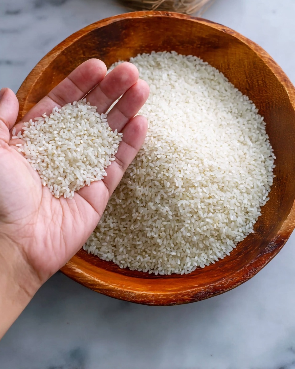 A woman's hand holds a small pile of white uncooked rice grains above a round wooden bowl filled completely with similar white rice grains, showing a clear contrast between the smooth, shiny wooden bowl and the tiny textured rice kernels. The scene is set on a white marbled surface, highlighting the natural tones of the wooden bowl and the bright white rice. The photo is taken with an iphone --ar 4:5 --v 7
