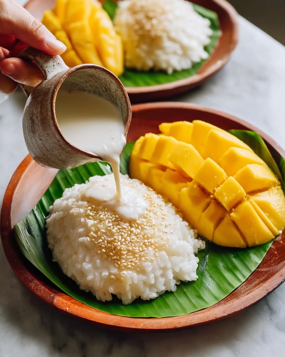 A wooden plate lined with a green banana leaf holds two main layers: on the right, a mound of sticky white rice with a shiny, moist texture sprinkled with sesame seeds, and on the left, bright yellow sliced mango with smooth, slightly glossy skin, arranged in neat even slices. A woman's hand is pouring white coconut sauce from a small rustic ceramic cup onto the sticky rice, creating a creamy layer that gently covers the top. Another similar plate is seen blurred in the background. The plate sits on a white marbled surface. photo taken with an iphone --ar 4:5 --v 7