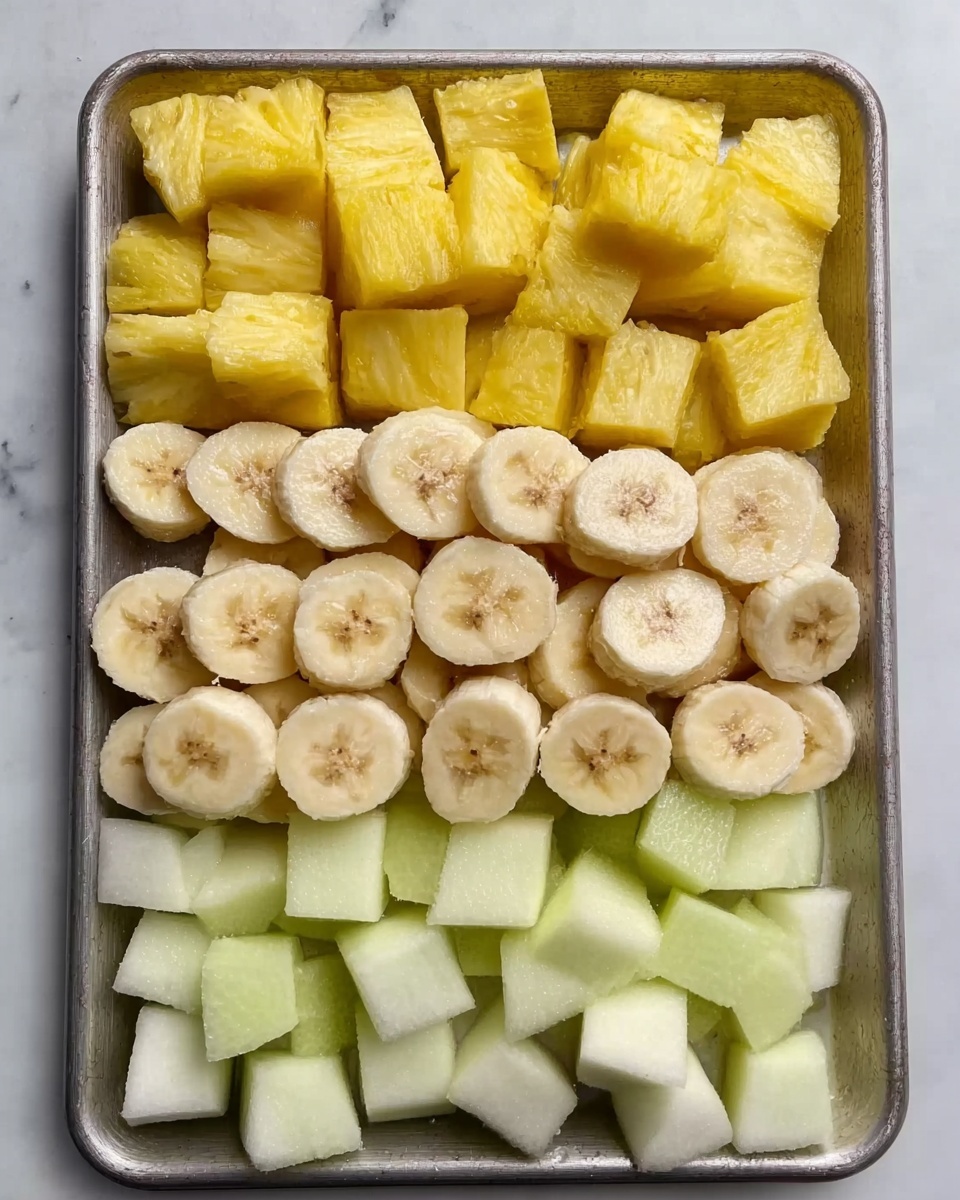 The image shows a baking tray filled with three layers of sliced fruit arranged from top to bottom: bright yellow pineapple chunks with a slightly rough texture at the top, followed by soft, round slices of banana with a light cream color and visible seeds in the middle, and pale greenish-white cubes of honeydew melon with smooth skin at the bottom, all placed on a white marbled surface. photo taken with an iphone --ar 4:5 --v 7