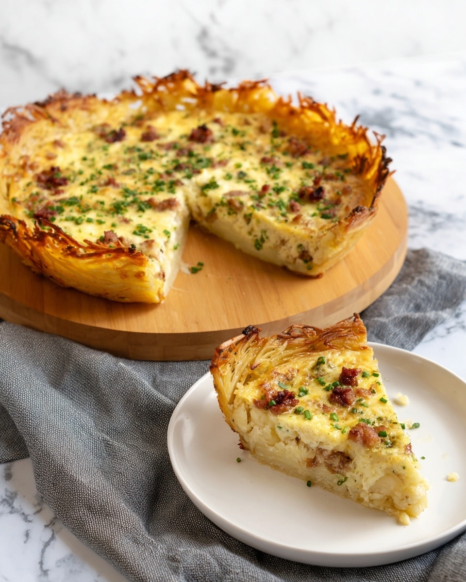 A round savory pie with a thick golden-brown crust made from shredded potatoes that rises around the edges in crispy, slightly uneven layers, holding a creamy, pale yellow filling inside. The filling is mixed with small brown pieces of cooked meat and scattered bright green herbs, creating a textured and colorful surface. One slice is removed, placed on a white plate in front, showing the same layers with the crust around the slice’s edges and filling inside. The whole pie is on a wooden board with a gray cloth beneath it, all resting on a white marbled surface. photo taken with an iphone --ar 4:5 --v 7
